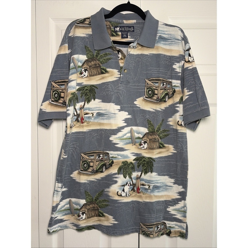 Big Dogs Surf Beach Polo Size Large Blue Tropical Wagon Vintage 100% Cotton Surf